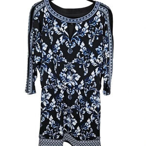 White House Black Market Blue Floral‎ 3/4 Slit Sleeve Blouson Dress Size Medium
